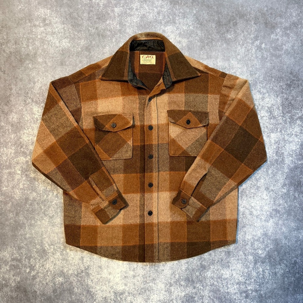 Vintage 60s 70s C.P.O. Campus Mens Brown Plaid Wool Blend Shirt Jacket L 16-16.5